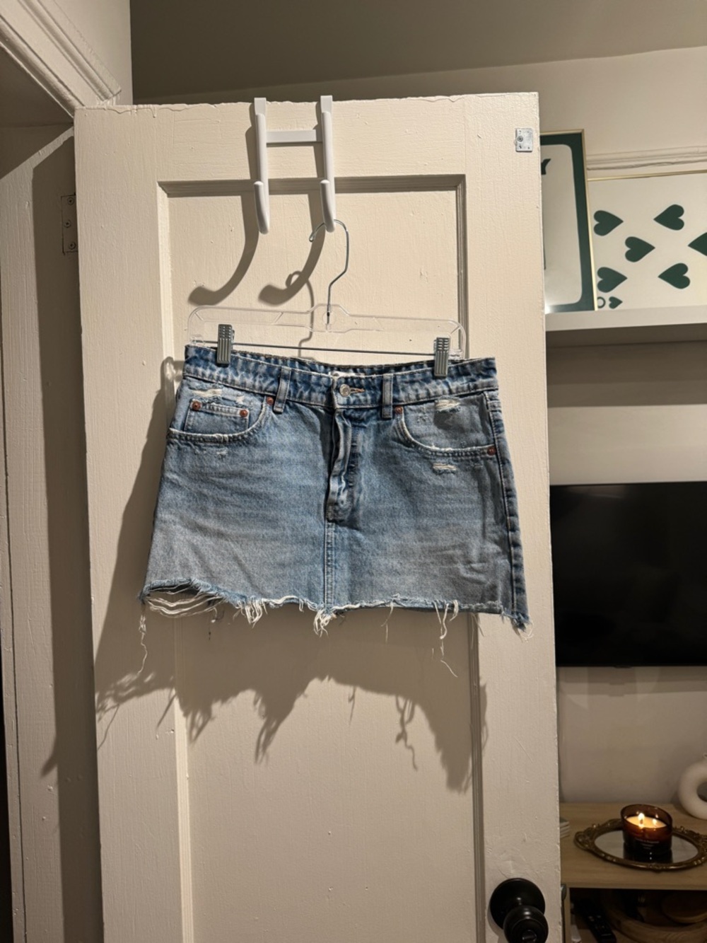 Zara Light Wash Distressed Denim Mini Skirt